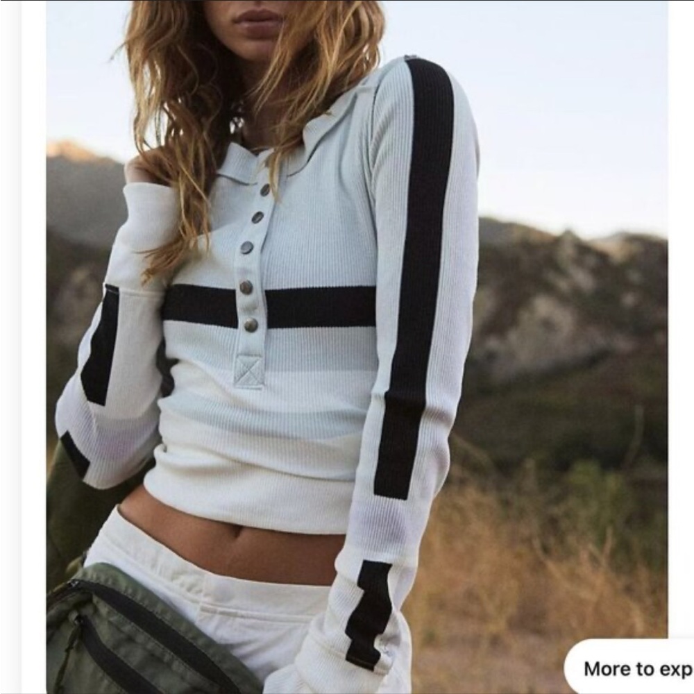 [FP Movement] White Ribbed Henley Top with Black Stripes